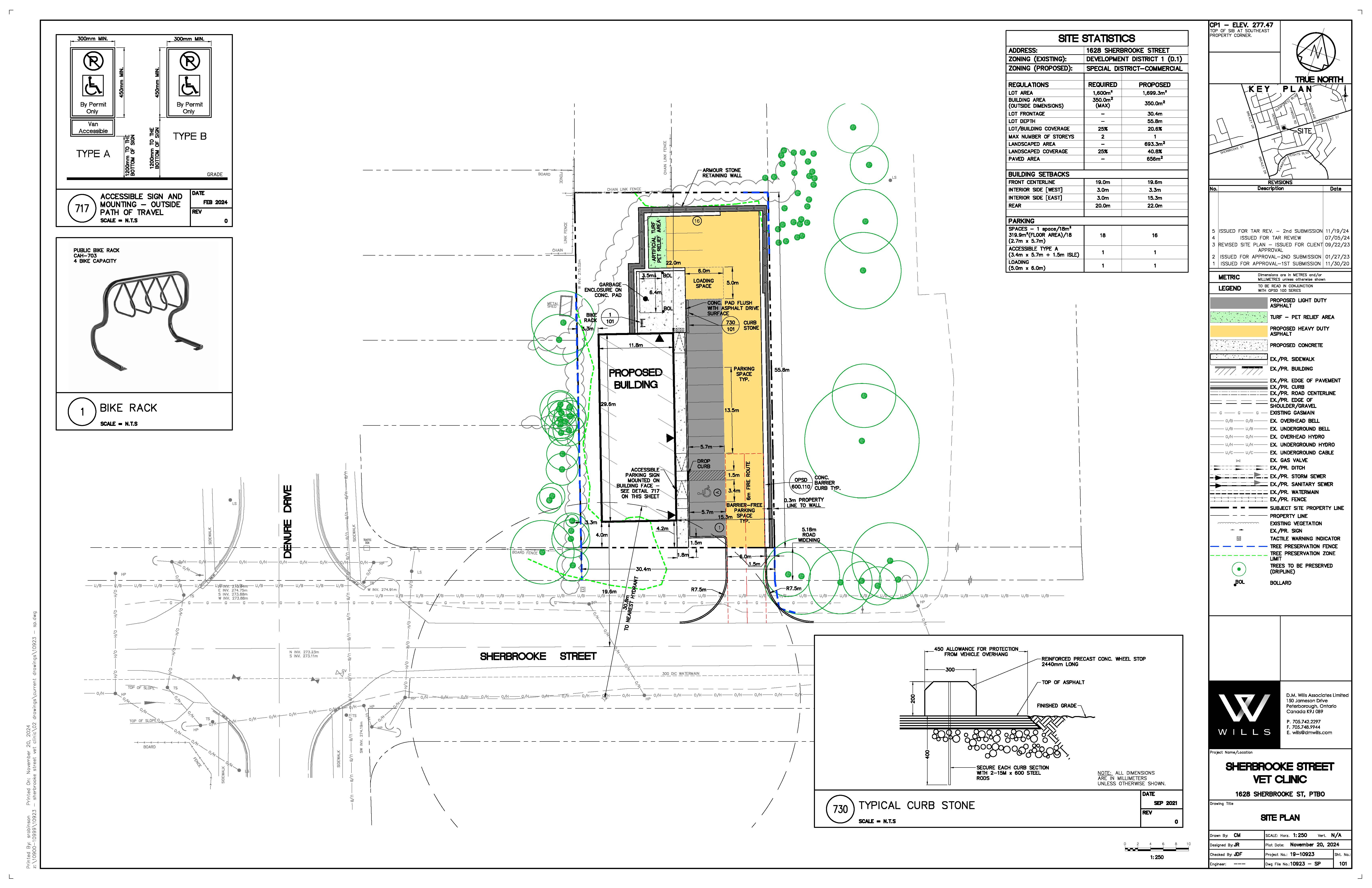 Site plan drawing shows proposed and existing buildings, landscape elements, bike rack, parking