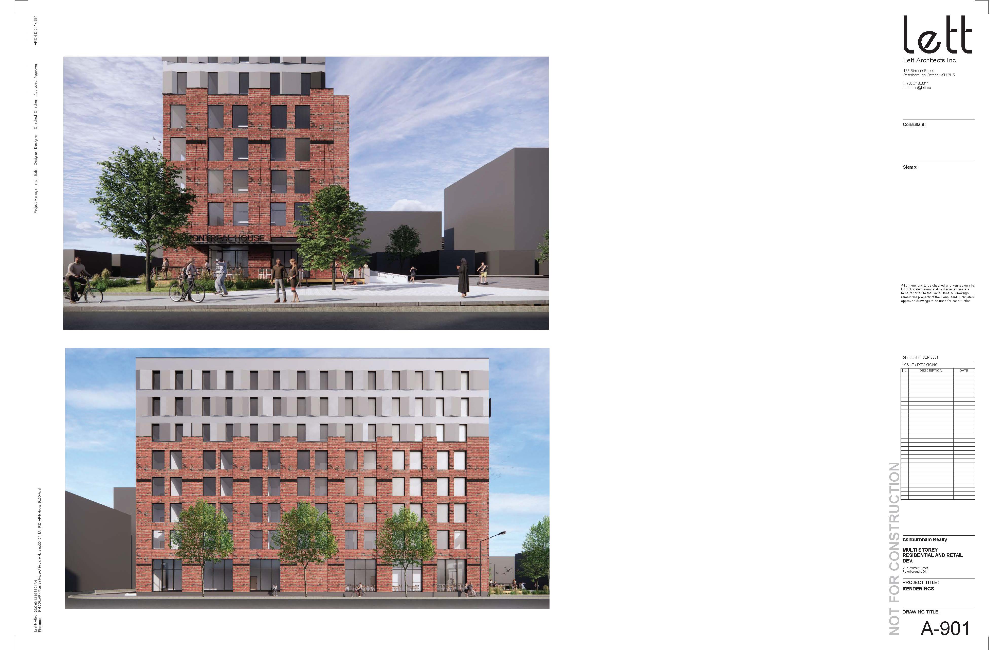 Elevation drawings of proposed multi-storey apartment complex with main floor commercial