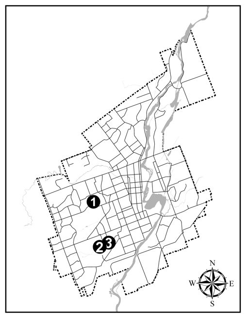 A map of Peterborough with the three addresses described above pin pointed.
