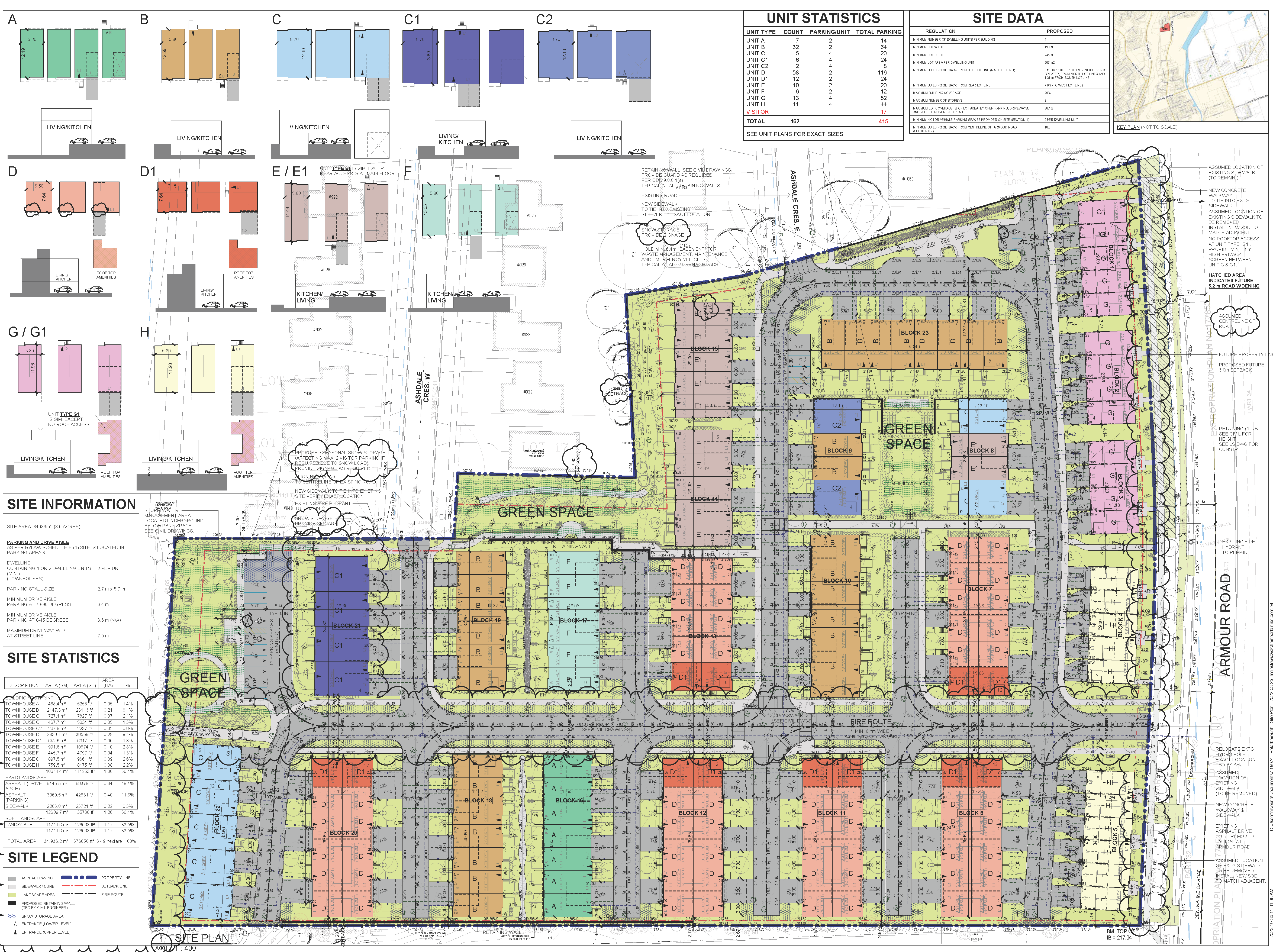 Site Plan showing different types of buildings, roadways with parking, landscape elements