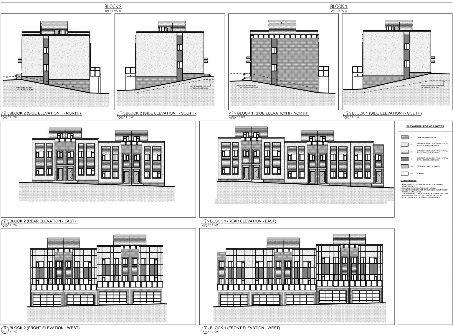 Elevation drawings of proposed multi-storey residential buildings, includes slope information