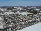 Aerial image of a residential neighbourhood with snow on the ground
