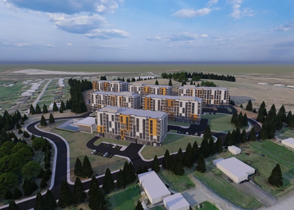 Architectural rending showing six apartment buildings