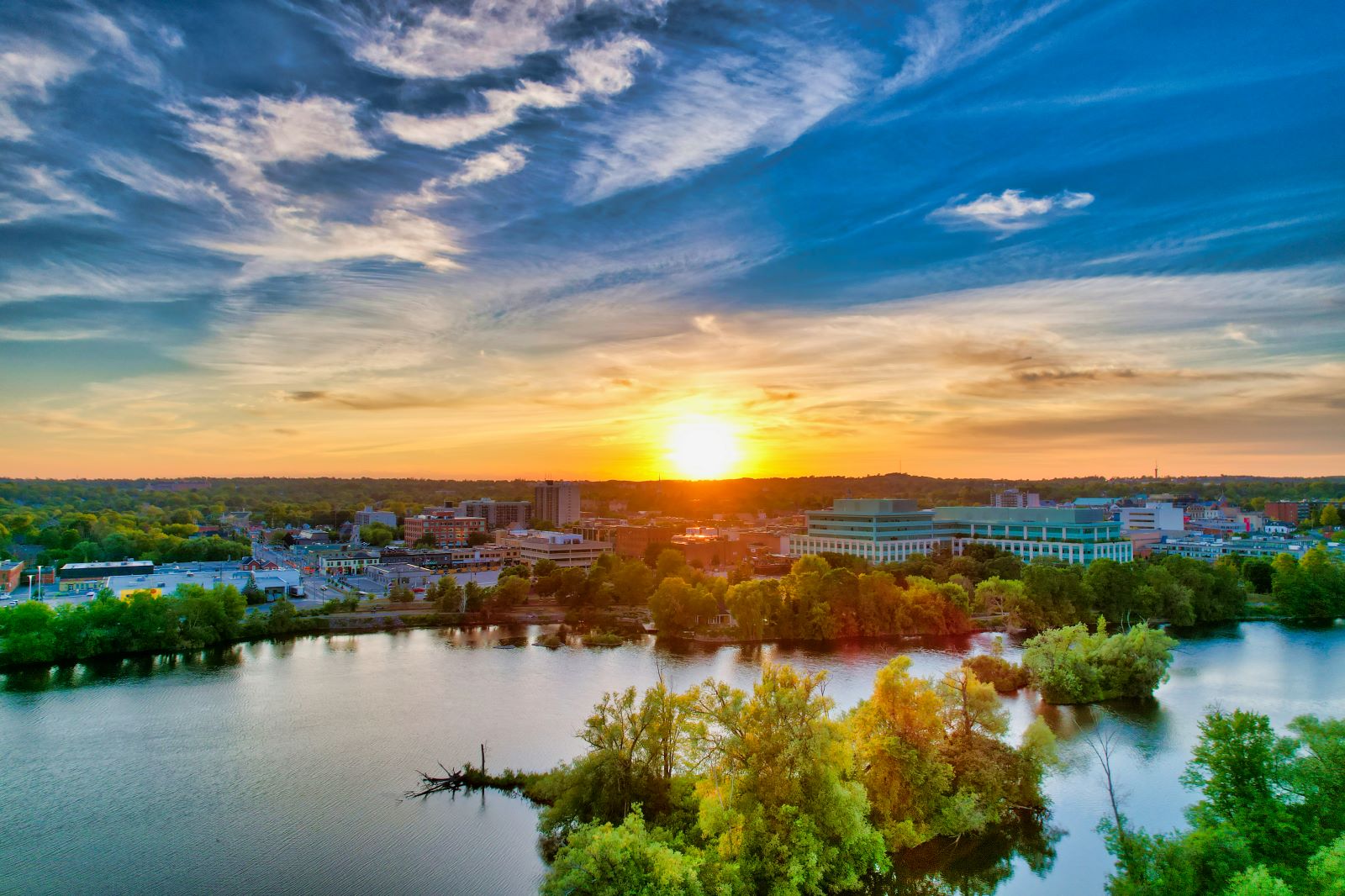 Aerial view of central Peterborough at dawn in spring