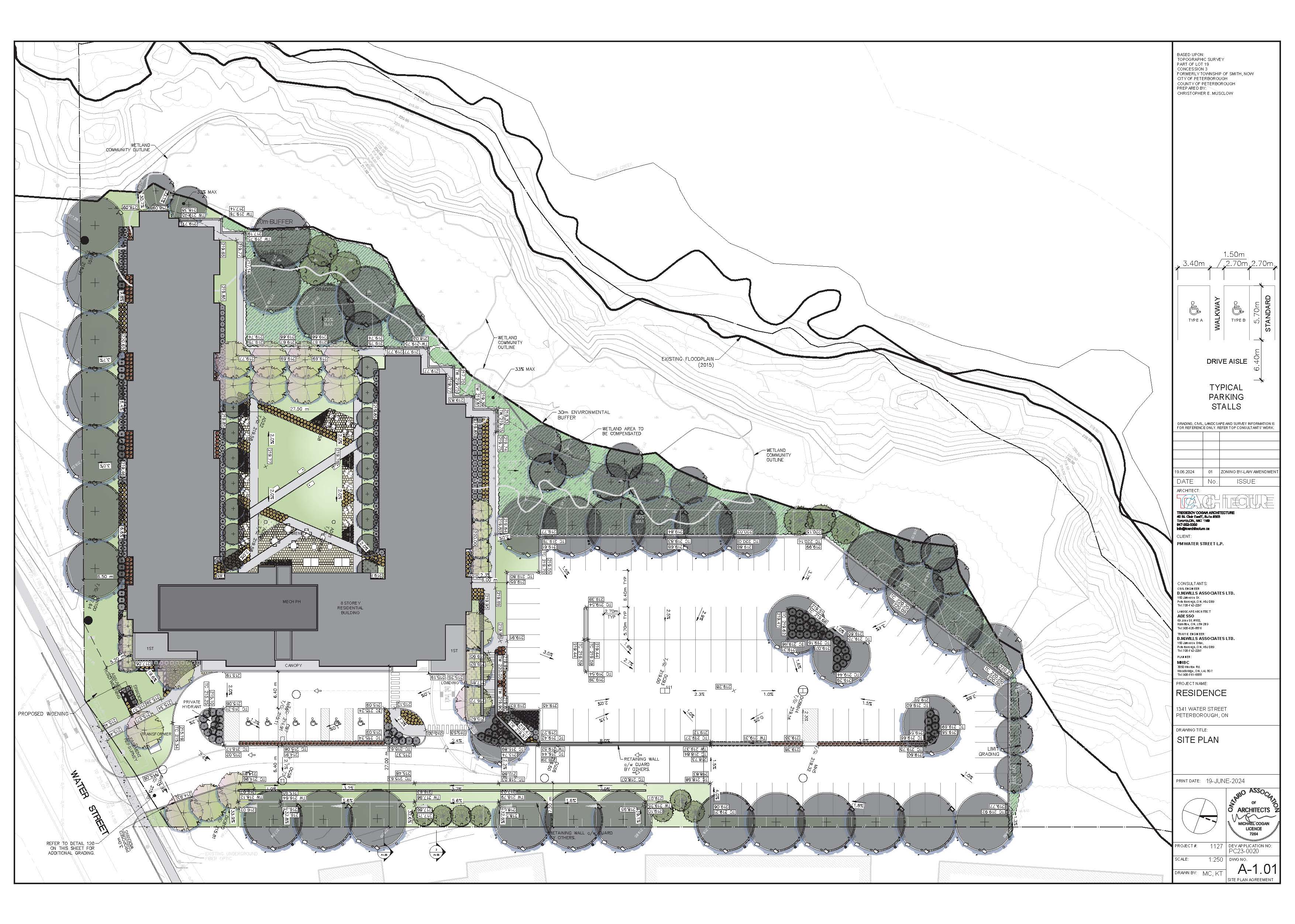 Concept site plan drawing with surrounding landscape, on-site landscape elements and green space, parking areas and a u-shaped apartment complex with courtyard