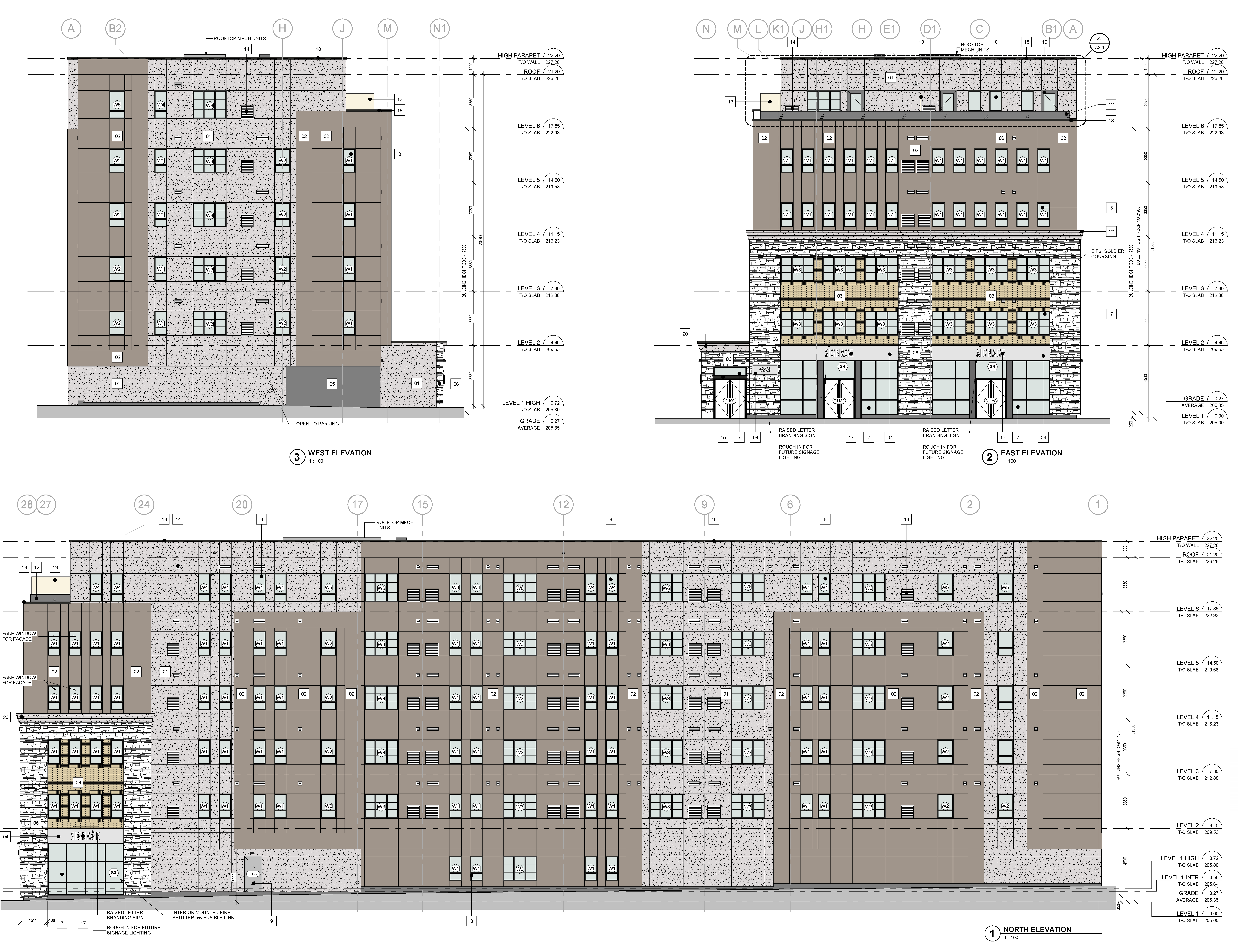 Elevation drawings from east, west and north sides showing multi-storey building, entrance area, walkways