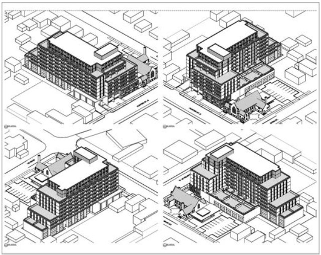 Elevation views from four angles showing depth and staggered rise