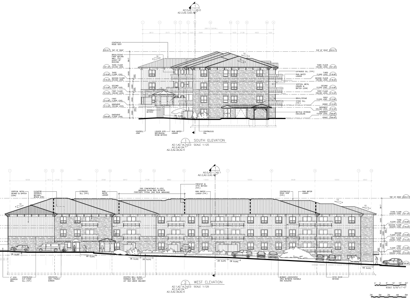 South and West elevations including vehicle access, entrances and covered main entrance