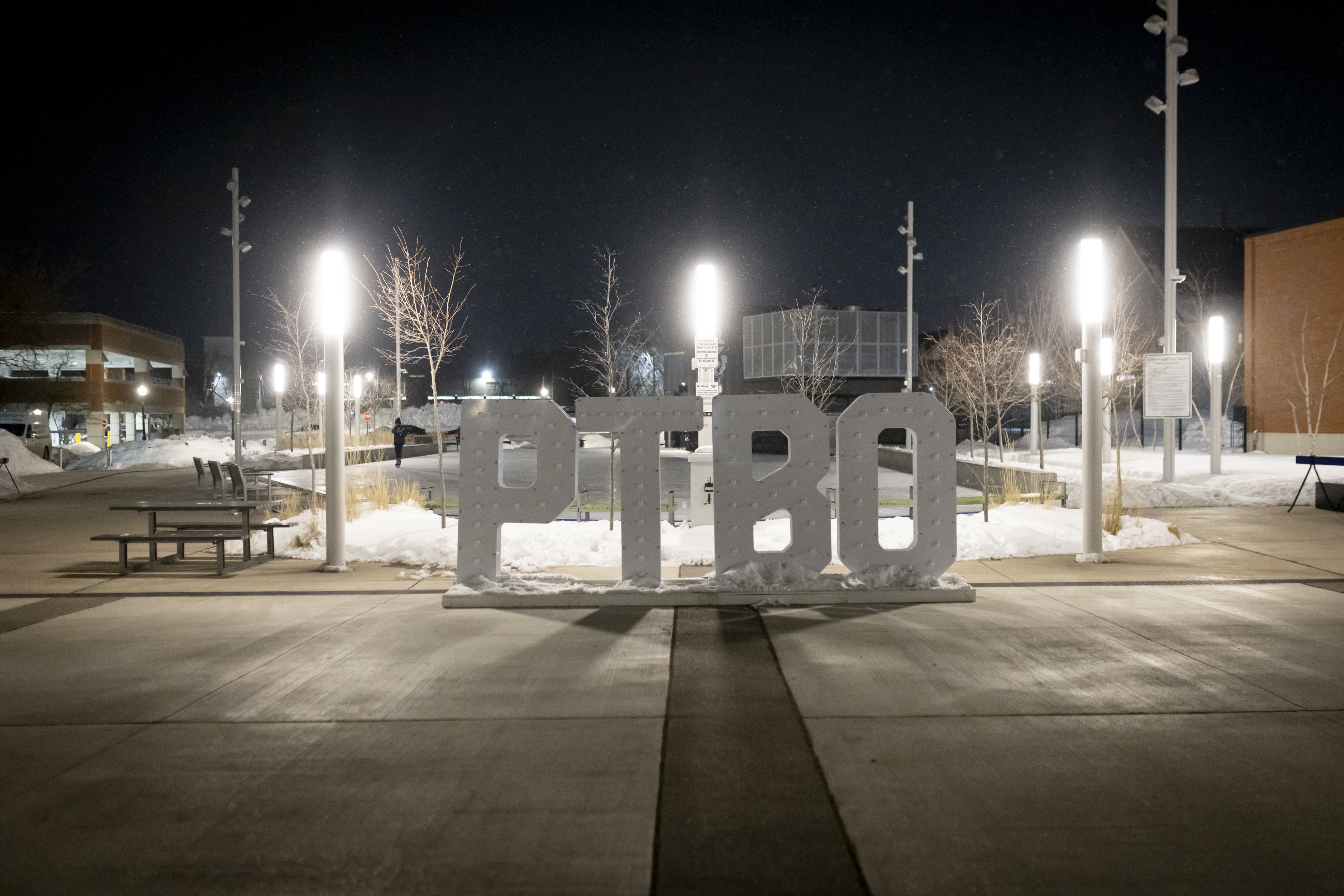 Outdoor skating rink at Quaker Foods City Square and the illuminated PTBO sign