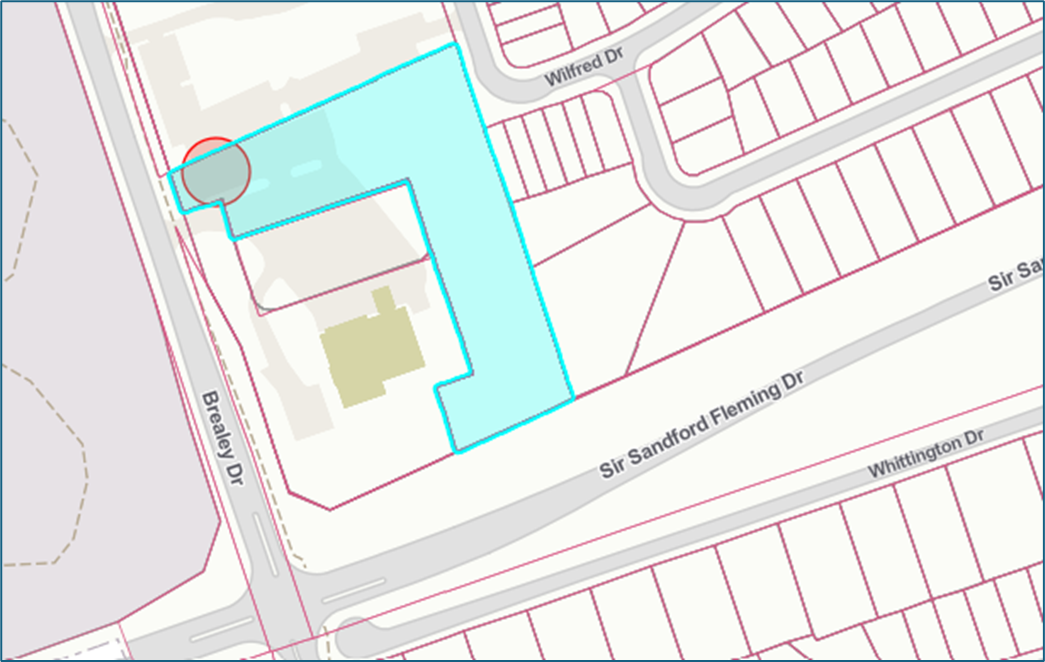 Map showing detail of property area including Brealey Drive, Sir Sandford Fleming Drive and Whittington Drive, with the property an irregular shape with sides on both Brealey an Sir Sandford Fleming DRive