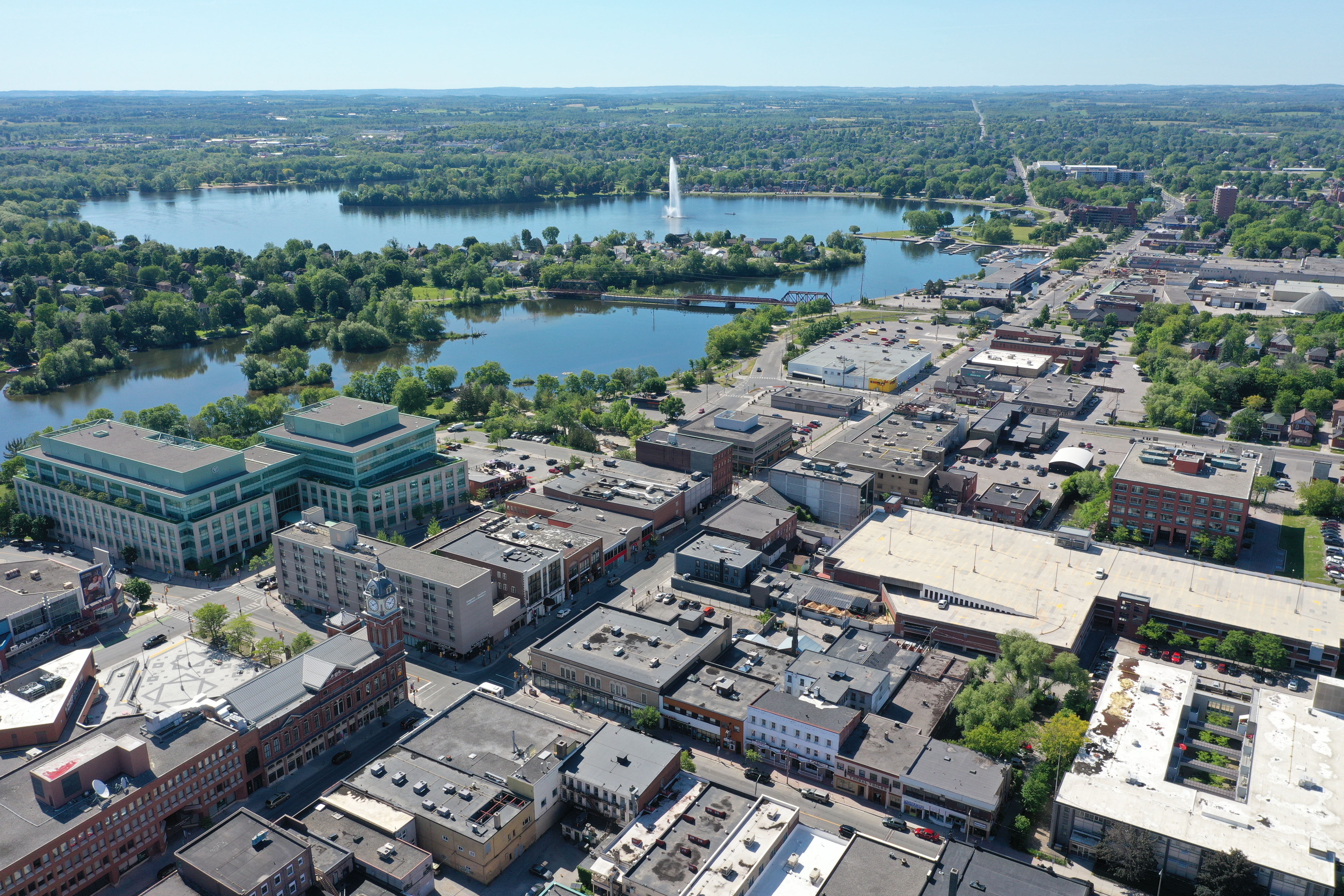 Aerial view of Peterborough facing south with Little Lake in background