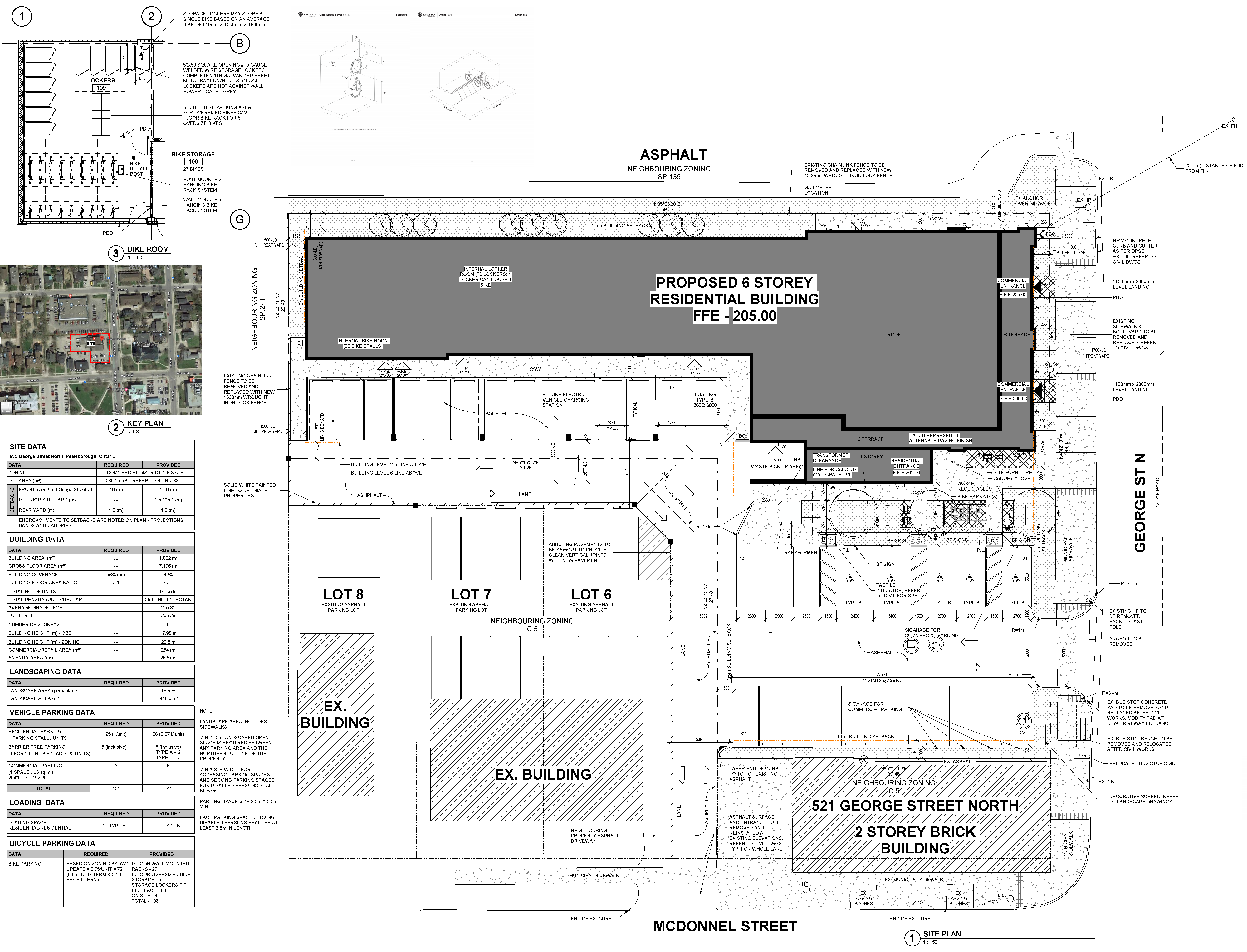 Site Plan drawing showing street access, existing buildings in area, proposed building and parking spots, landscape elements and main entrance