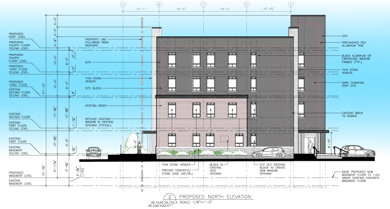 North elevation drawing showing loading area, steps to entrance, storeys and entrances
