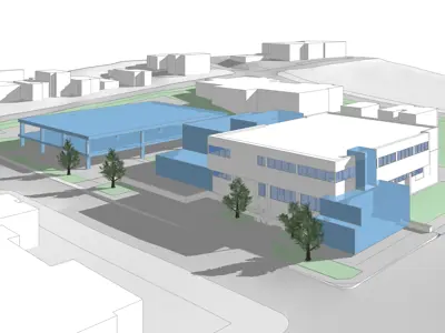 architectural rending of Police Service building on Water Street with proposed renovation areas