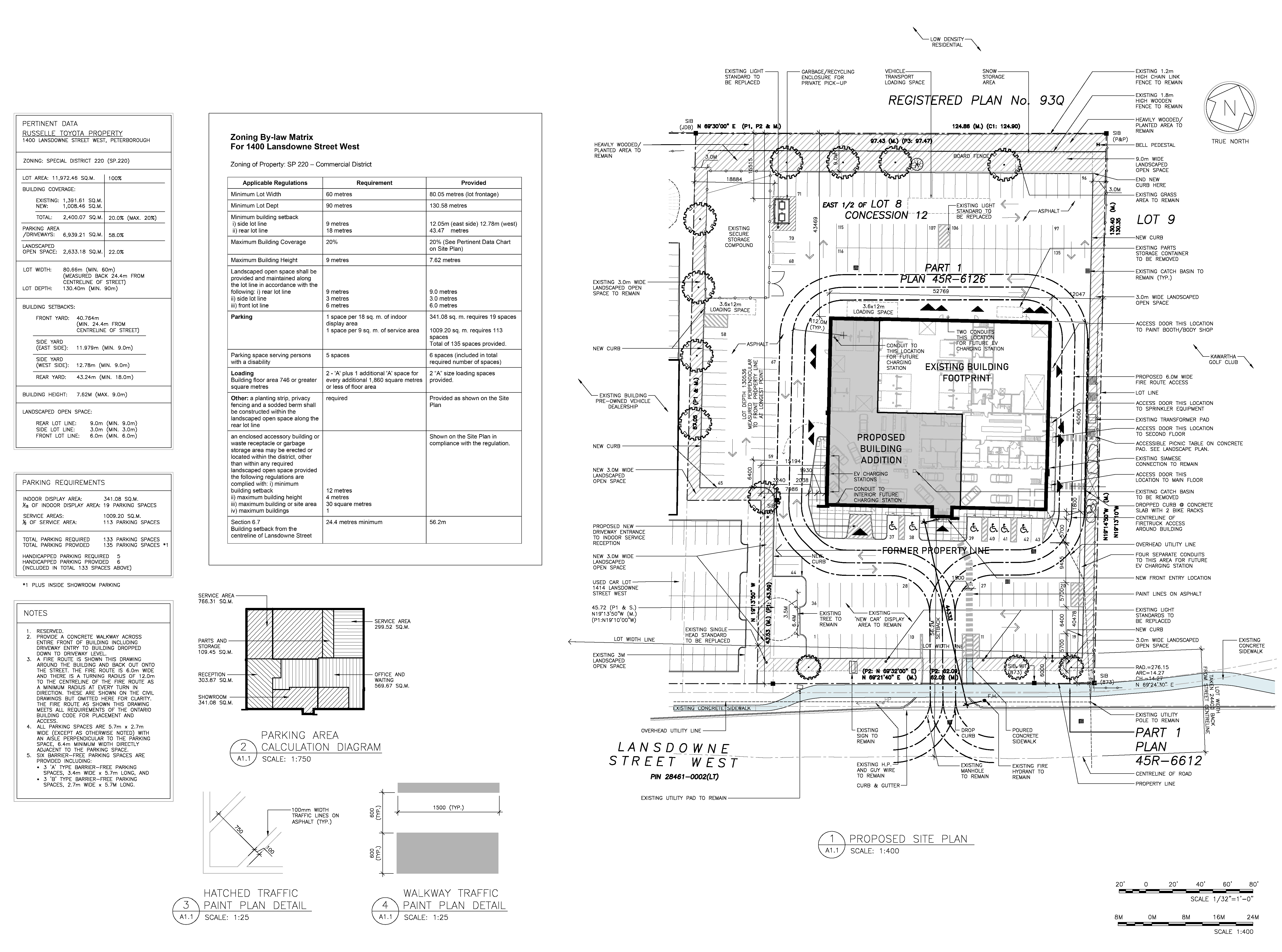 Site Plan including existing and proposed building, parking, landscaping and traffic flows