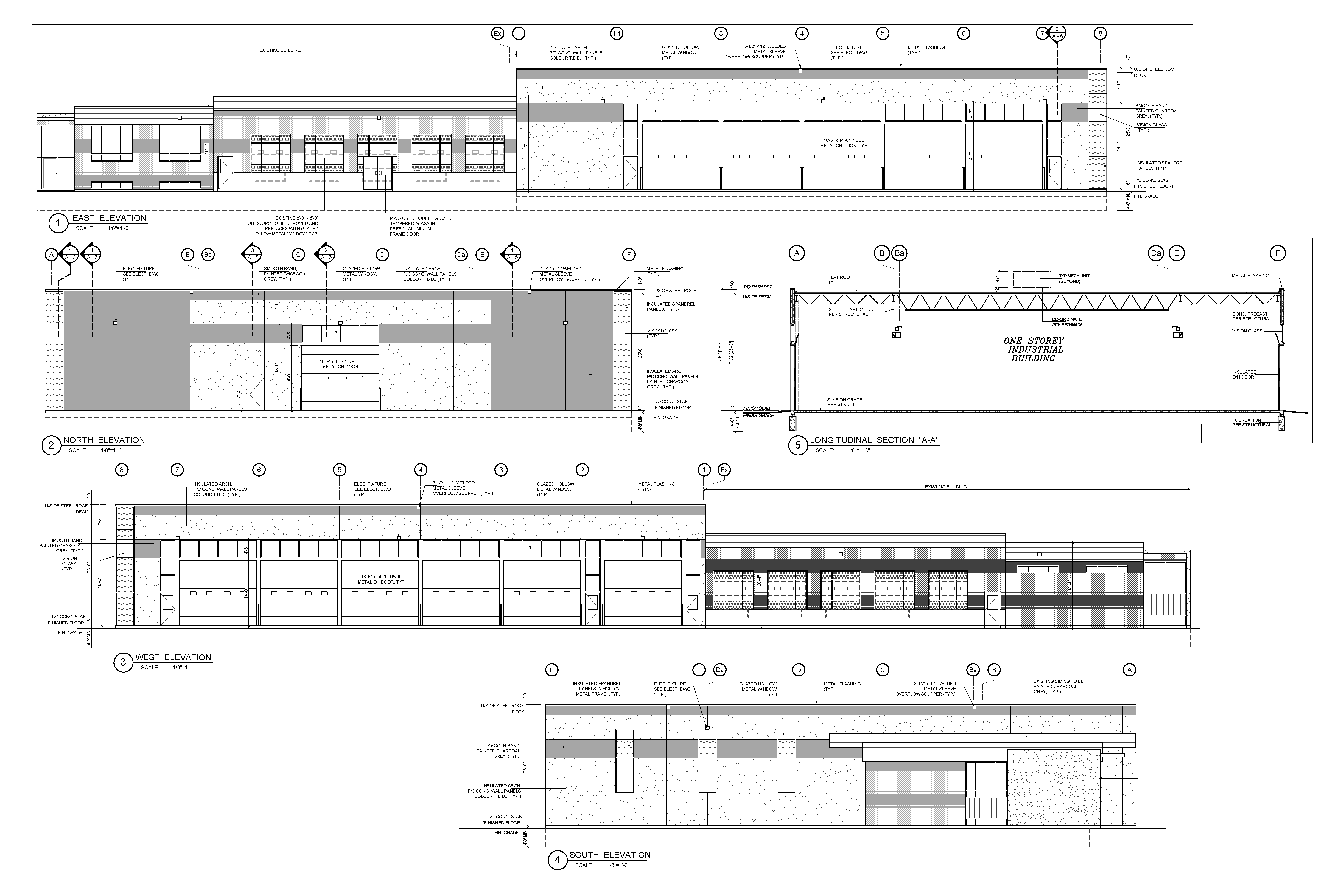 Elevation drawings showing building, entrance, loading area from all directions (north, east, south and west)