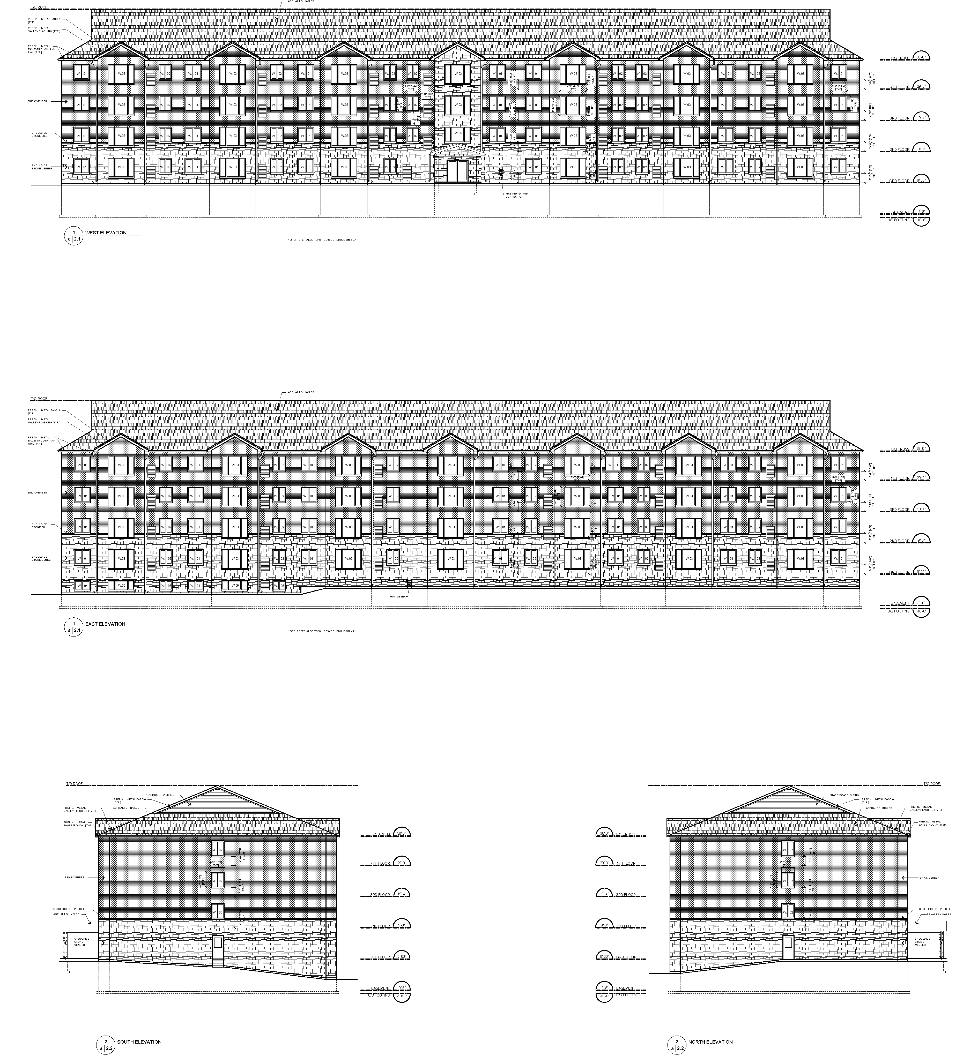 Elevation drawing shows four storey apartment, entrances