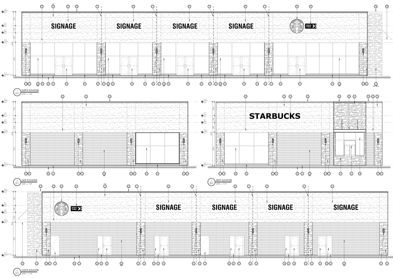 Elevation drawing for proposed commercial building including signage and entrances