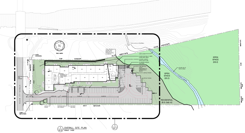 Site Plan drawing that includes parking lot, vehicle flow, street access, nearby creek and open space