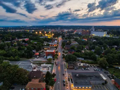 Aerial view central Peterborough facing west, with Hunter Street in the centre