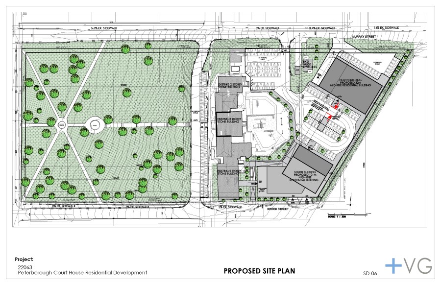 Concept site plan drawing includes existing Victoria Park and County offices/courthouse, parking lot and proposed north and south buildings