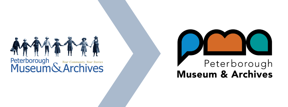 The preview museum logo with historical photo of children holding hands shown together with the new logo, with stylized letters PMA, P is blue, M is orange and A is green.