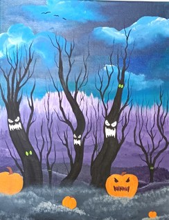 This is a spooky Halloween-themed painting. It shows a dark, eerie forest with twisted black trees that have angry, glowing faces. Their eyes and mouths look scary, like they're alive. Green eyes peek from the shadows. The sky is stormy with blue clouds and a purple horizon. Pumpkins, including a large jack-o'-lantern with a menacing grin, sit on the ground. The whole scene feels creepy and haunted.