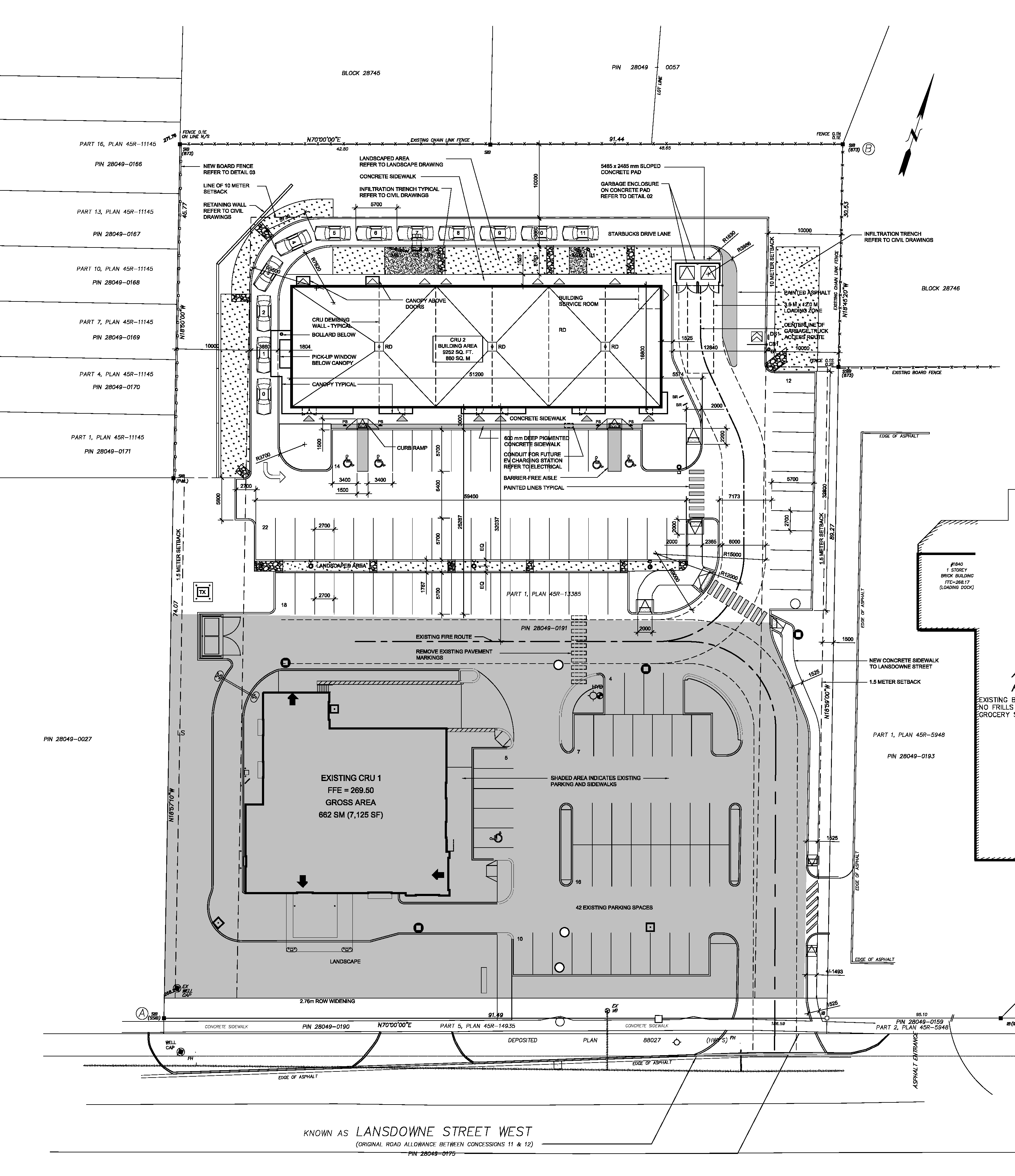 Site plan of proposed and existing facilities including parking amenities, vehicle flow, drive through, walkways and store entrances