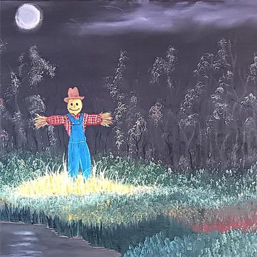 A painting showing a scarecrow rising from the tall boggy grass, with a smile on its face, well lit by the moon on a dark and misty night. There are withered trees behind the scarecrow.