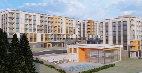 Elevation drawings showing outdoor recreation area, several apartment buildings