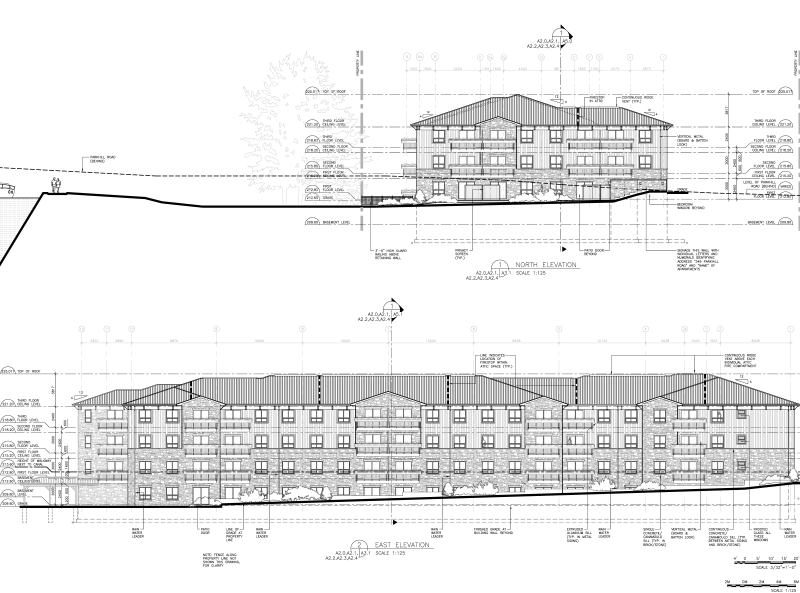 North and East elevation drawings for multiresidential facility including patios, balconies
