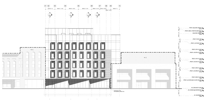 Elevation drawing of building facing George Street including commercial properties on main level