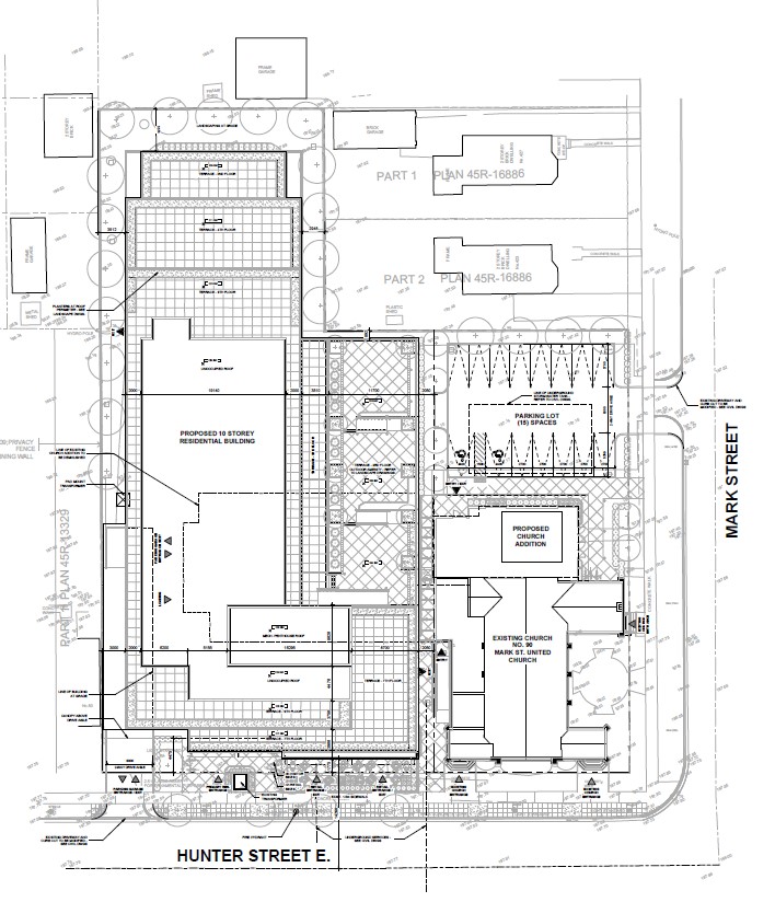 Concept plan of proposed building from above, including landscaping, entrances and surrounding neighbourhood