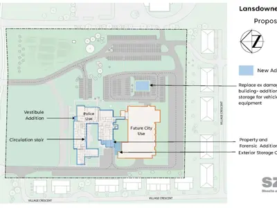 Proposed layout site plan for Lansdowne property showing new additions near parking lot and for forensic/property as well as exterior storage, existing building and a facility for future city use at south end of property. Parking lots, road access is also identified