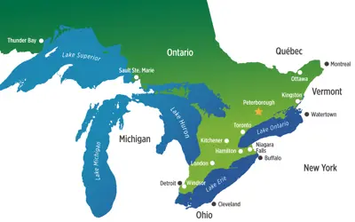 map of Ontario showing where Peterborough sites in proximity to other cities