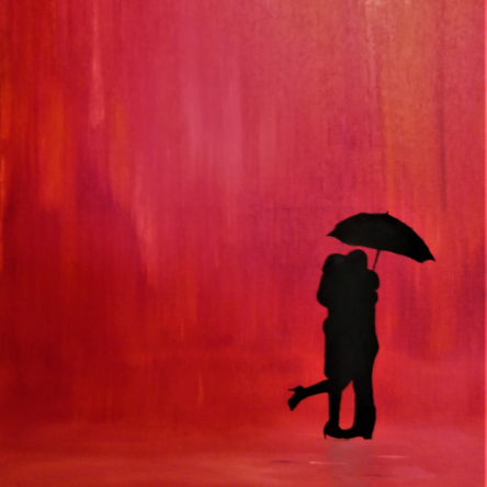 A painting with a red gradient background and a silhouetted couple hugging under an umbrella in the foreground.