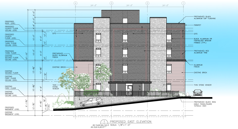 East elevation drawing showing storeys, landscaping and ramp from entrance to parking lot area
