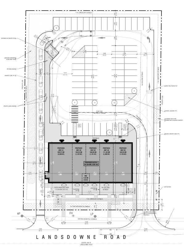 Site Plan drawing for commercial building including parking, traffic flows, walkways and drive thru