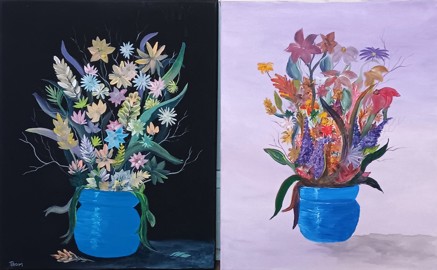 Two paintings. One with a black background and a bouquet of flowers popping out of a blue vase in the foreground. One with a pale-violet background and a bouquet of flowers popping out of a blue vase in the foreground.