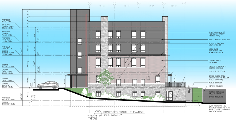 South elevation drawings with sidewalk, existing and proposed storeys, covered porch area
