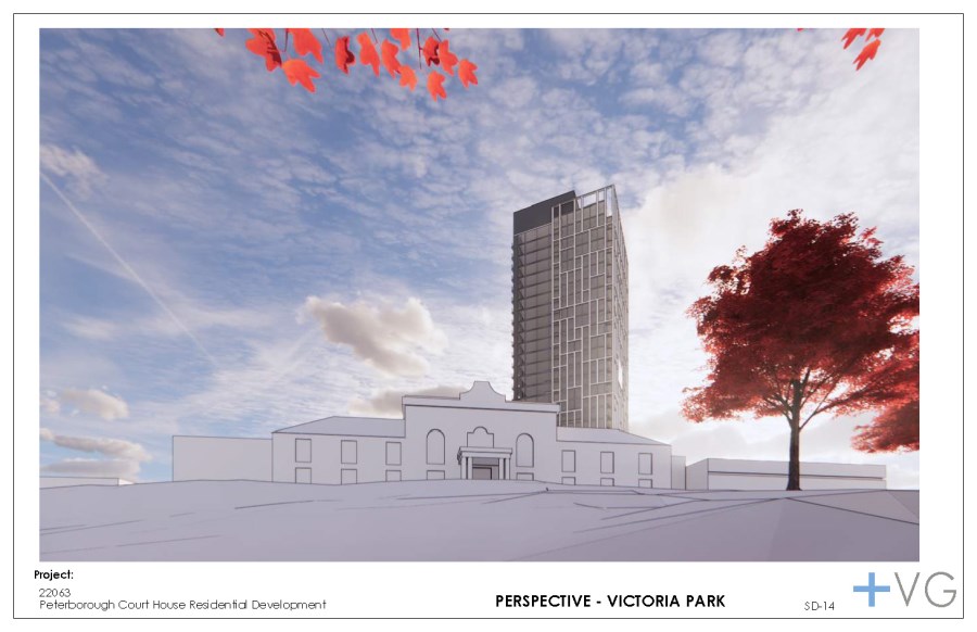 Architectural rendering showing multistorey apartment complex behind the existing courthouse building, seen from Victoria Park.