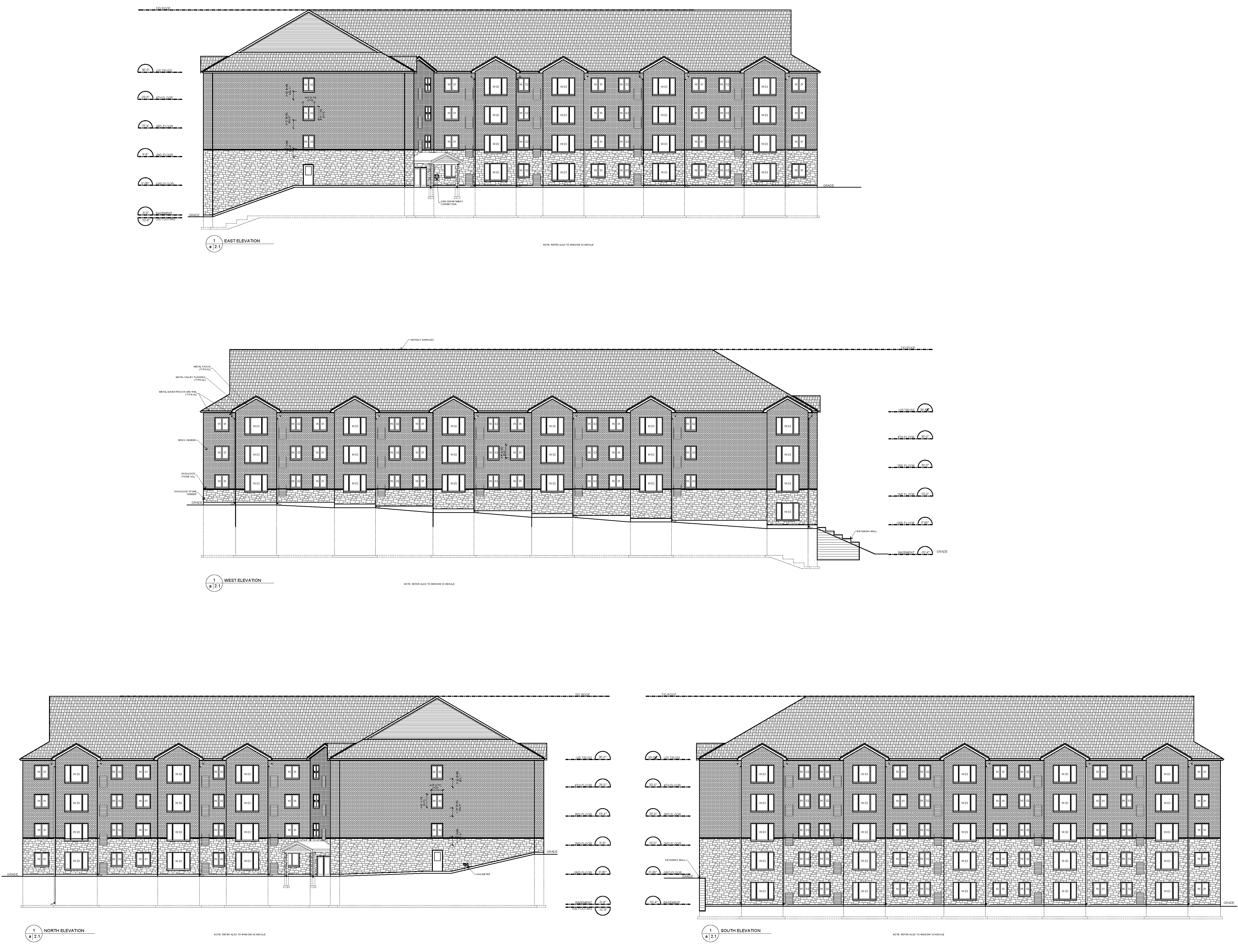 Elevation drawings showing north and south views of four-storey apartment complex