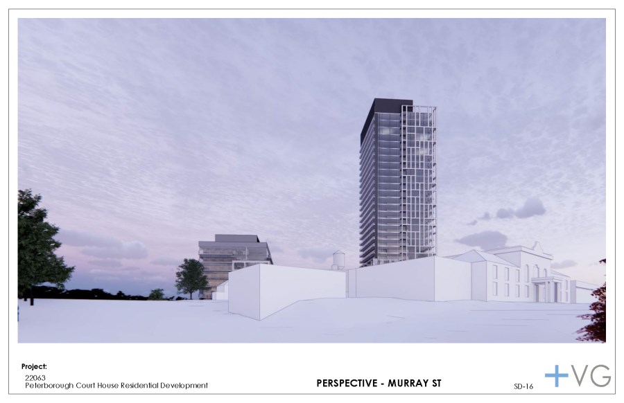 Perspective drawing of tall apartment complex as seen from Murray Street near County courthouse, facing south
