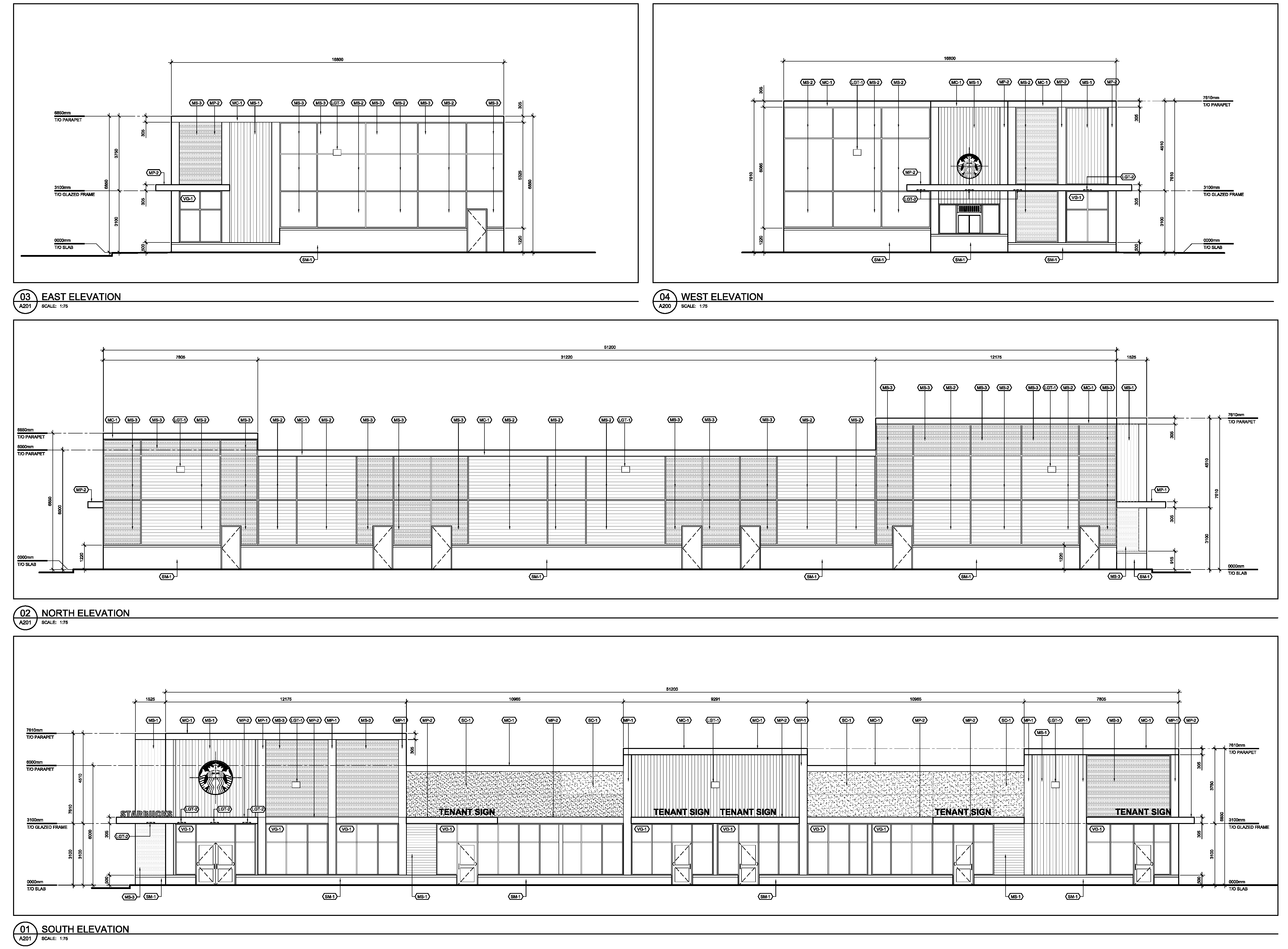 Elevation drawings show commercial and staff entrances at front and back of building, signage, ground level windows
