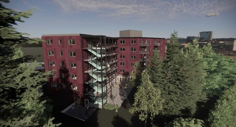 Architectural rendering of a six-storey building with balconies, mature trees