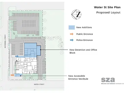 Proposed layout for Water Street Police Facility site plan indicating new additions on east side of building and same public entrance location