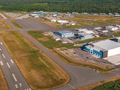 aerial view of the exterior of the Peterborough Regional Airport including the runways