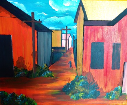 A painting depicting a dirt road alleyway lined with telephone poles going between bright red houses and continuing into the cloudy blue sky. Light shrubbery throughout. Small bird flying in the distance.