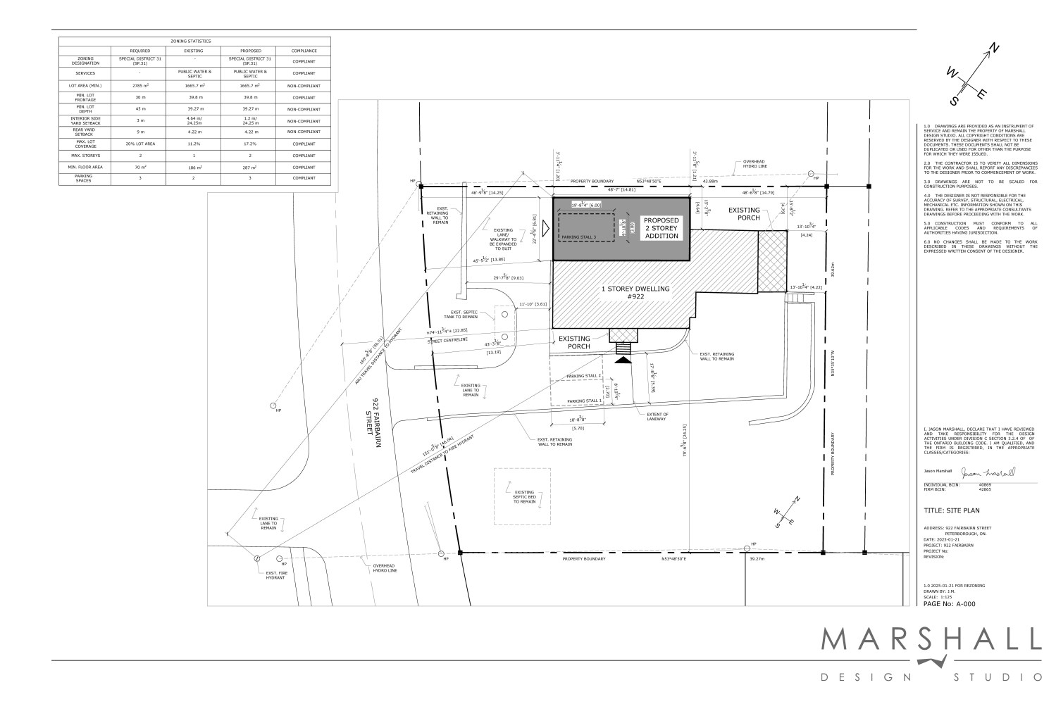 Site Plan drawing shows proposed two-storey addition on back of existing one-storey dwelling, including landscape features, porches and driveway access from Fairbairn