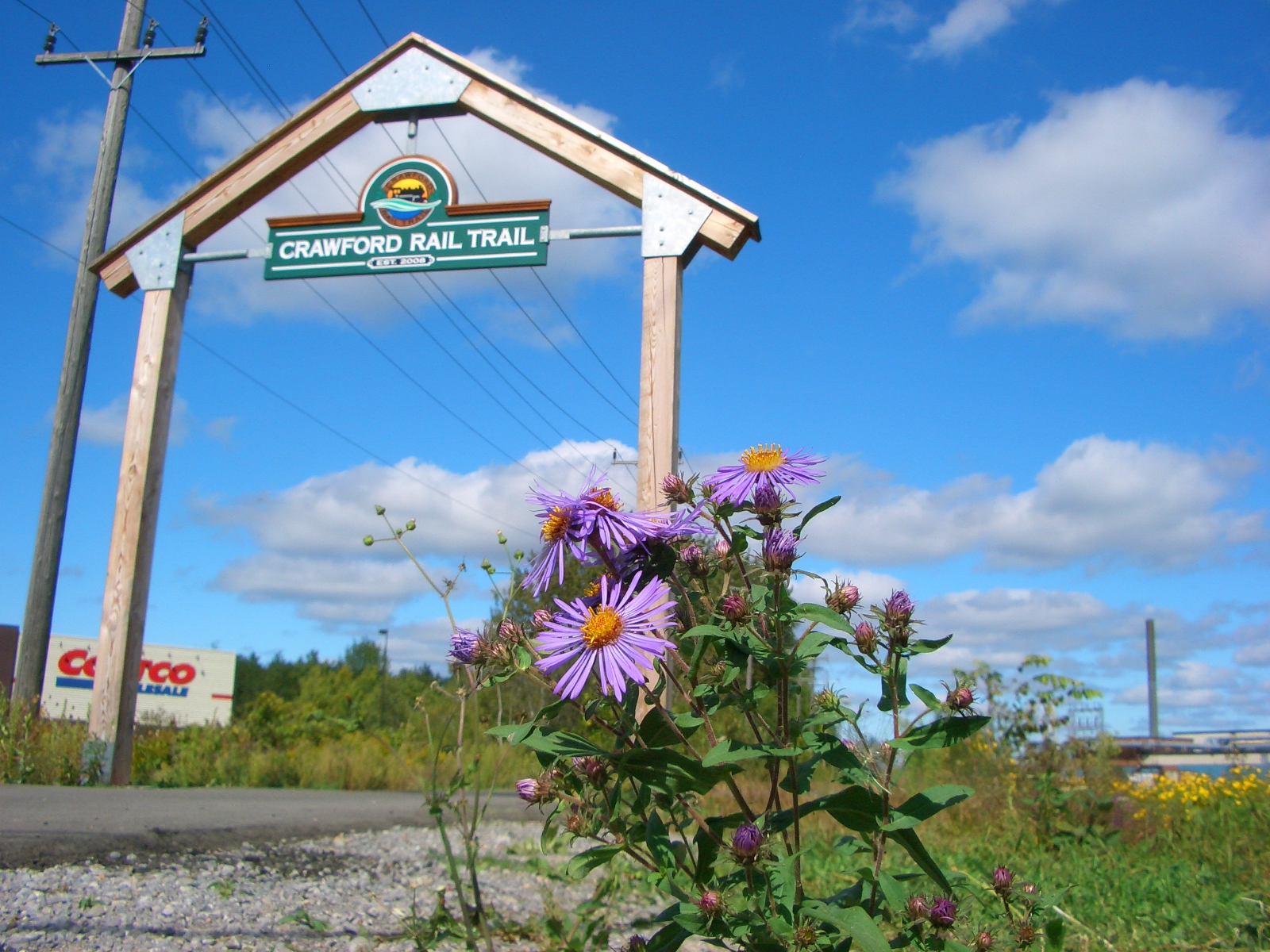 Entrance to Crawford Rail Trail with blue sky and wildflowers